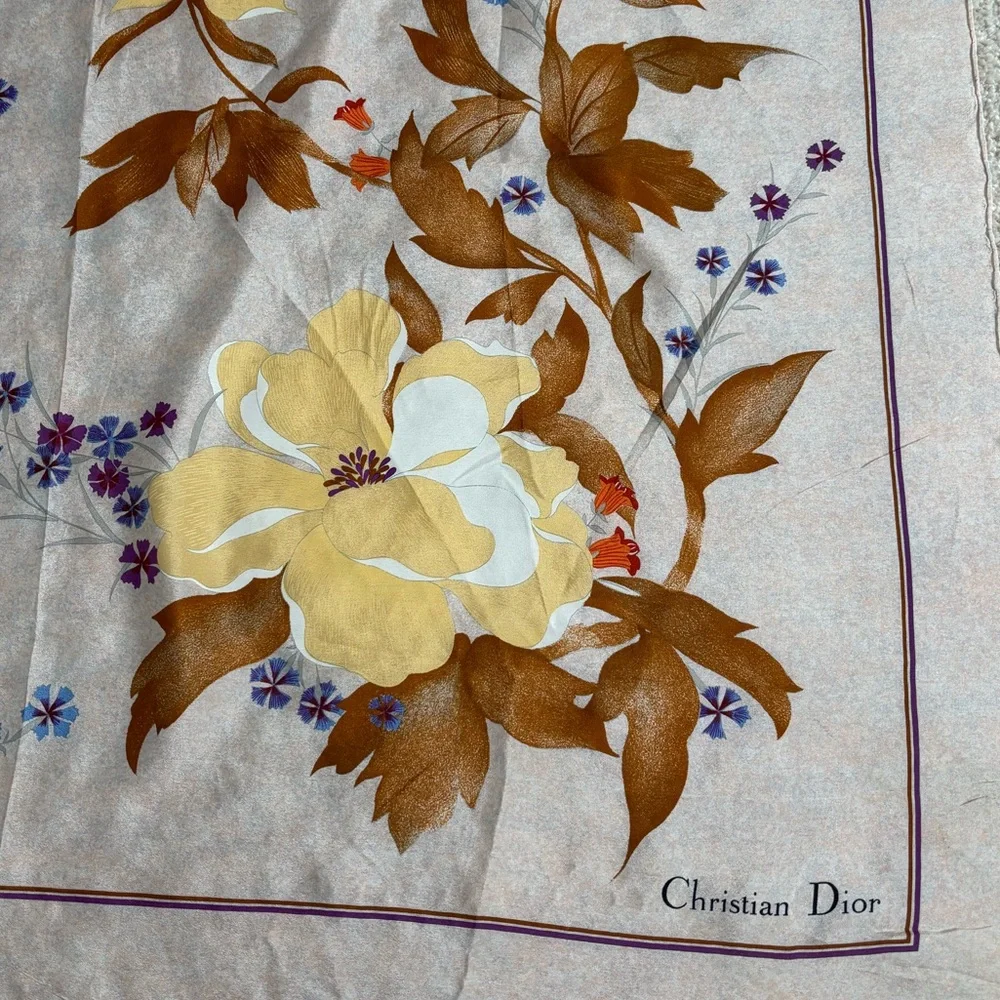 VNTG 60s/70s Christian Dior Silk Floral Scarf w Ecru Backround made in Italy